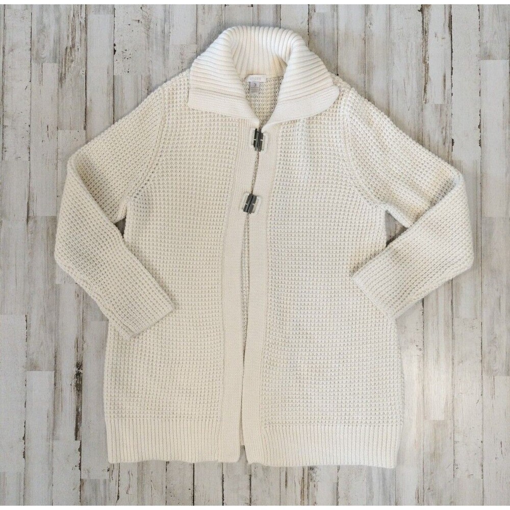 Chico's Women's Sz 3 US XL Waffle Knit Wool Blend Long Cardigan Sweater Cream